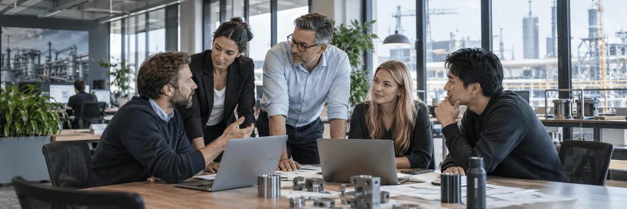 Industrial business professionals discussing products and international sourcing around a table