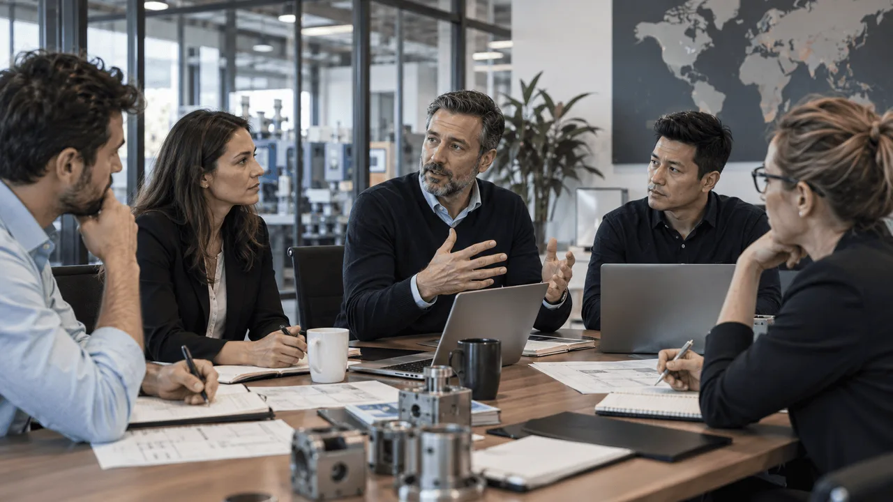 International business professionals reviewing a proposal and industrial product samples