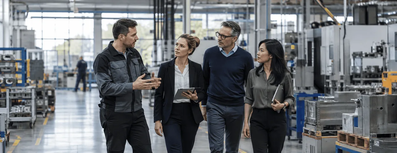 Manufacturer and business visitors discussing a partnership on a factory floor