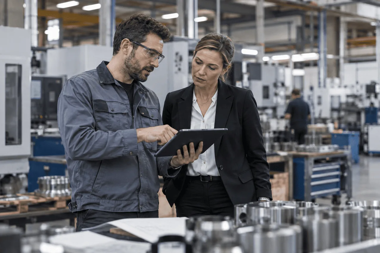 A supplier and buyer reviewing product information on a tablet beside manufactured components
